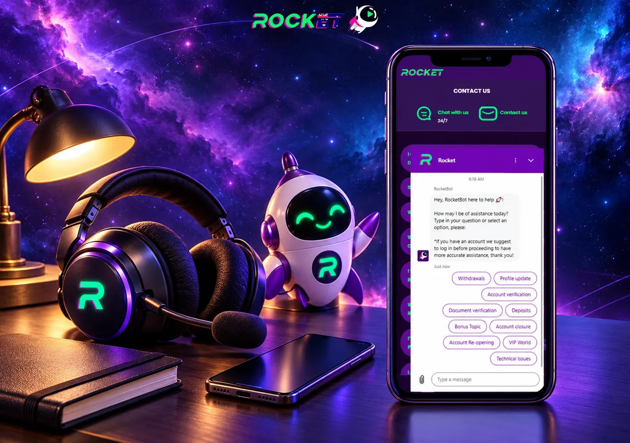 A support chat lights up on a phone beside a robot and headphones